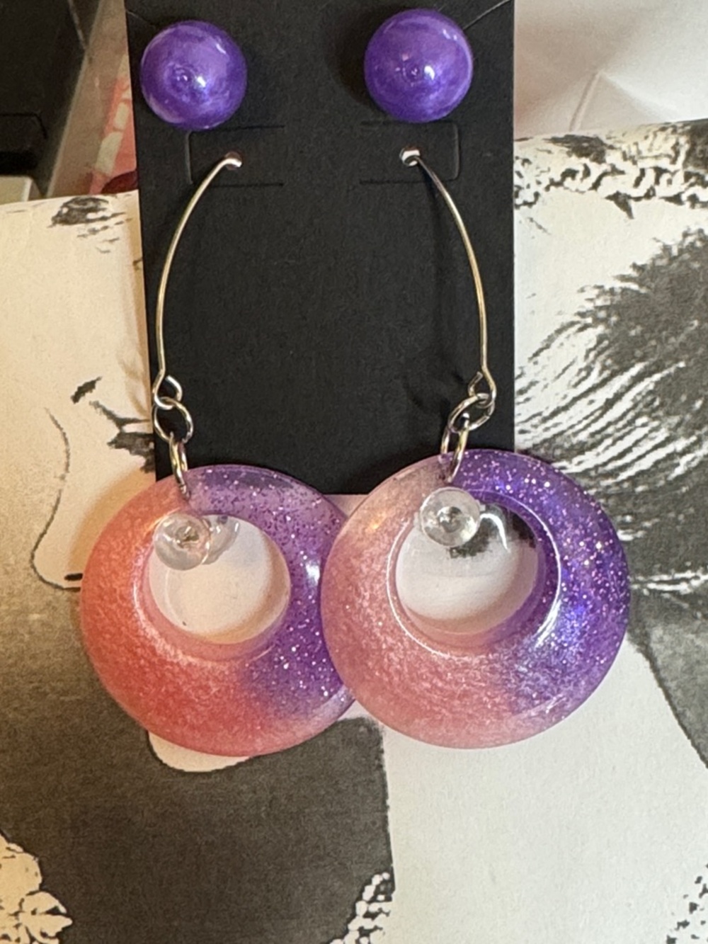 Gradient Purple and Pink Resin Hoop Drop Earrings